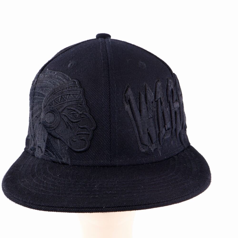 Warrior Snapback Hat Black Tonal Embroidered Native Chief Logo Flat Bill Cap